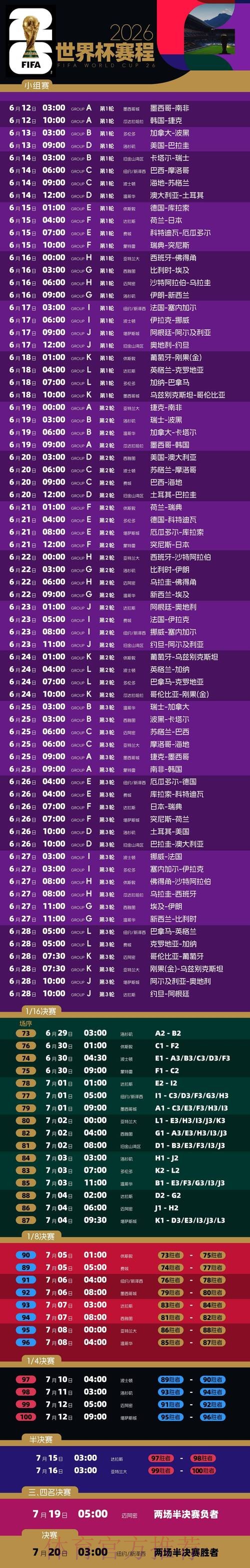 2026世界杯每日赛程官方发布完整安排实时查看